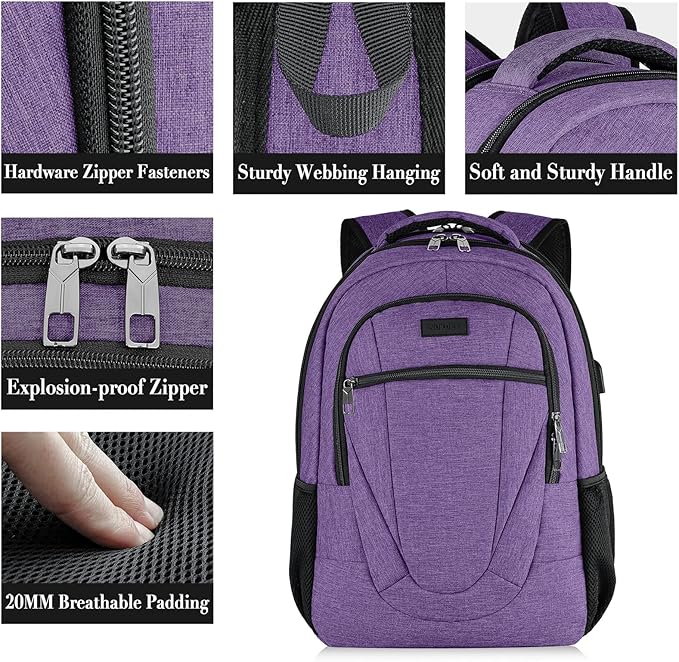BIKROD Backpack for Men Women, Backpacks for School Teen Boys, Business Anti Theft Slim Sturdy Back Pack with USB Charging Port, Adult Computer Bag Gift 15.6 IN Laptop, Purple