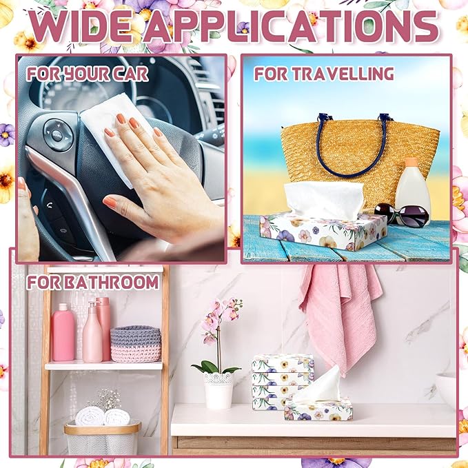 Yinder 24 Packs 960 Sheets Tissue Cube Car Facial Boxes Disposable Facial Travel Tissues Holder Soft Watercolor Boxes 2 Ply 40 Sheets for Wedding Household Car Kitchen Bathroom(Flower)