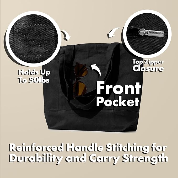 Carrywell |Not Made in China| 3 Pack Cotton Tote Bags, Reusable Grocery Shopping Bag with Zipper Closure and Front Pocket, Heavy Duty Organic Cloth w/Handles