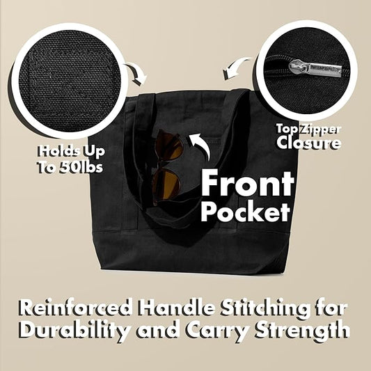 Carrywell |Not Made in China| 6 Pack Cotton Tote Bags, Reusable Grocery Shopping Bag with Zipper Closure and Front Pocket, Heavy Duty Organic Cloth w/Handles