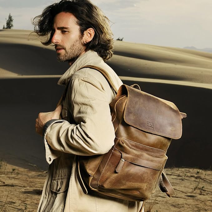 Leather Rucksack Backpack for Men Women Casual Travel Daypack 15.6 inch Laptop Bookbag