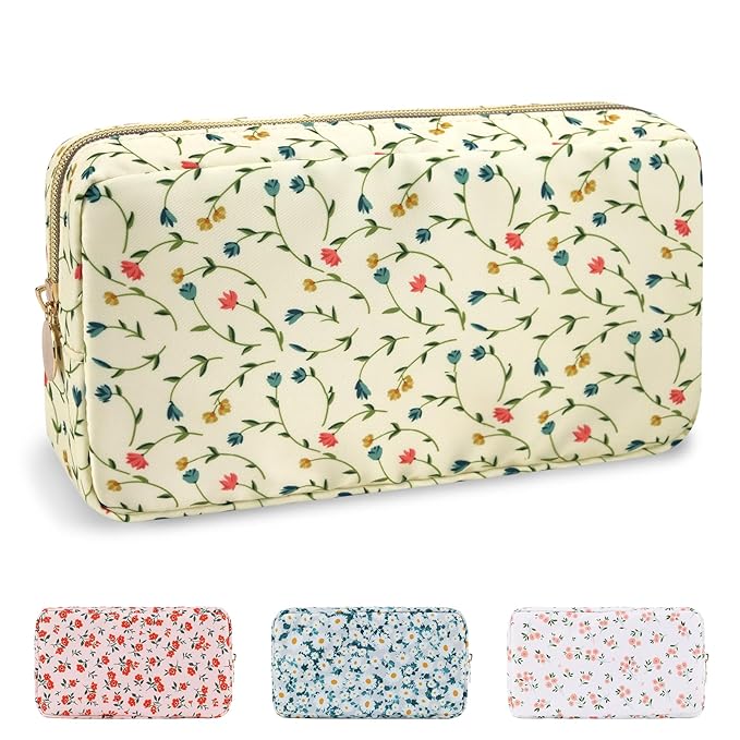 Waterproof Small Floral Makeup Bag Pouch for Purse,Nylon Flower Cosmetic Bag Preppy Travel Toiletry Storage Bag for Women Girl,Cute Makeup Organizer Bag Pouch with Zipper(Small Light Yellow-Flowers)