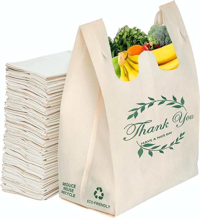 Simply Cool 300 Pack Reusable Thank You Eco-Friendly Grocery T-Shirt Shopping Bags 21.5”x12.2”x7.2” Durable, Recyclable Shopping Bags Washable, Foldable, Portable Tote Bags Bulk