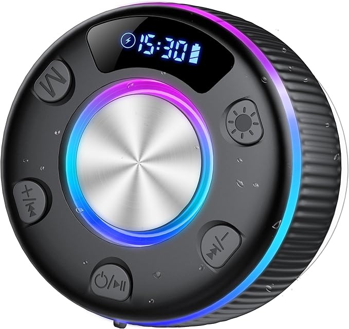 Bluetooth Shower Speaker, Portable Bluetooth 5.3 Speakers Wireless with Time Display, IP7 Waterproof Speakers with RGB Light, Suction Cup, Mini Stereo Speaker for Bathroom Party Beach Outdoor Gifts