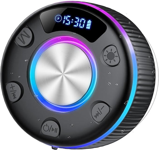 Bluetooth Shower Speaker, Portable Bluetooth 5.3 Speakers Wireless with Time Display, IP7 Waterproof Speakers with RGB Light, Suction Cup, Mini Stereo Speaker for Bathroom Party Beach Outdoor Gifts