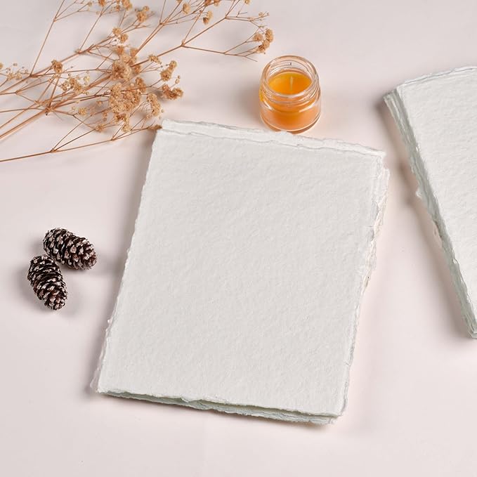 400 GSM / 25 Sheets - Rough/Textured Watercolor Drawing/Sketching Paper 10.5"X7.5" - Handmade/Deckle Edge Paper Made from Virgin Egyptian Cotton - Off-White by Leather Village