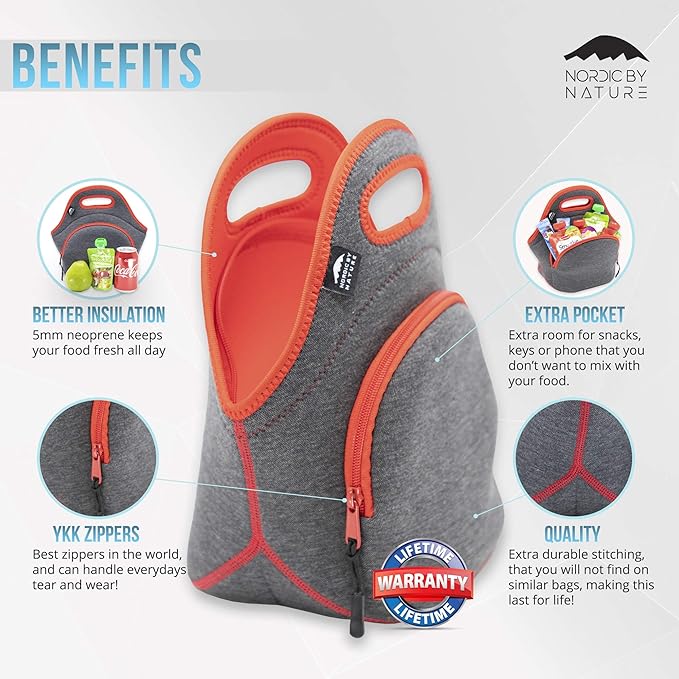 Nordic By Nature Insulated Neoprene Lunch Bag, Soft & Foldable Washable & Reusable Extra-Pocket (M) Dark Grey/Red