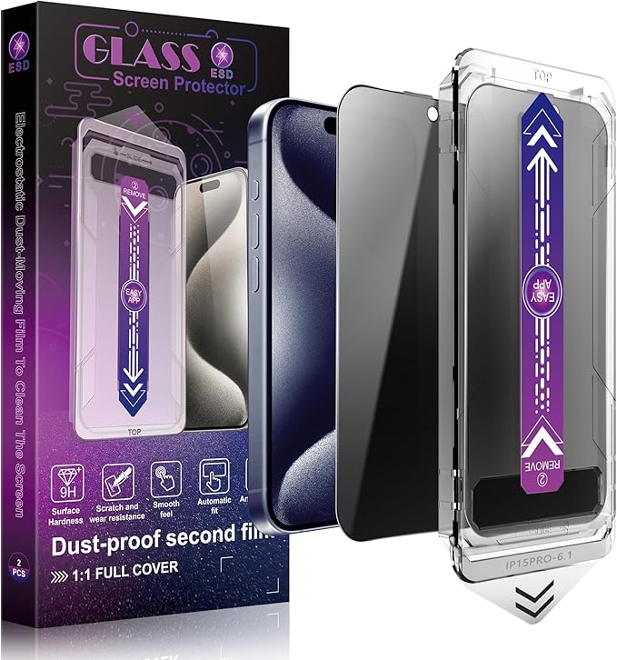 2 Pack Privacy Screen Protector for iPhone 15 Pro 6.1-Inch Auto Dust Removal, No Bubbles,Anti-Spy Tempered Glass Film, Easy Installation