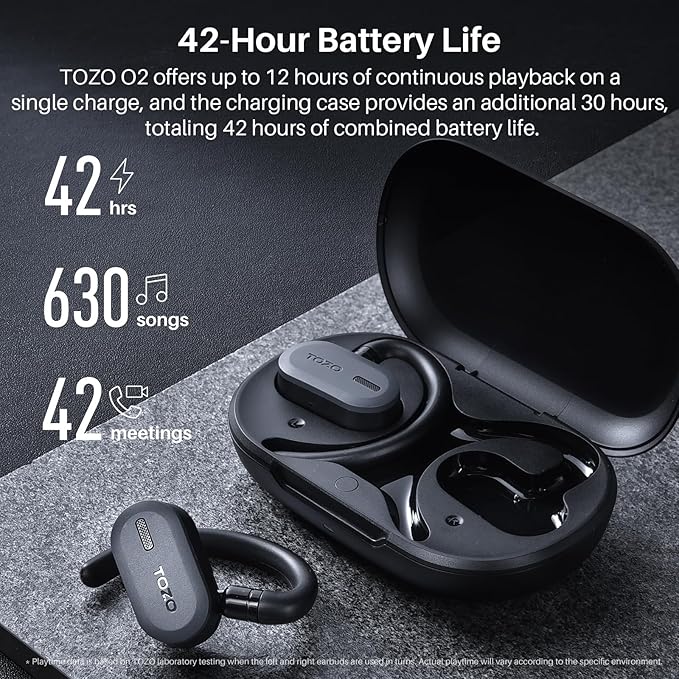 TOZO O2 True Open Ear Wireless Headphones Lightweight with Multi-Angle Adjustment, Bluetooth 5.3 Earbuds with Dual-Axis Design for Long-Lasting Comfort, Crystal-Clear Calls for Driving, Dark Black