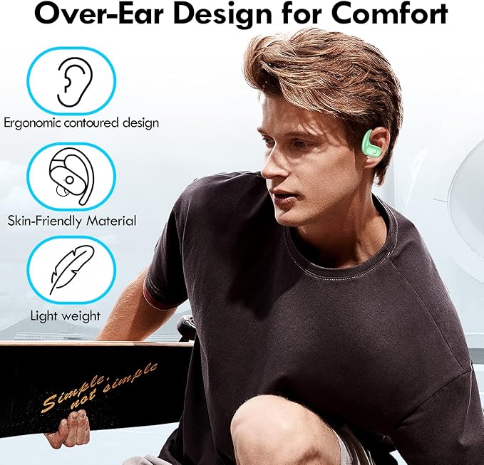 kurdene Wireless Earbuds Bluetooth Headphones Sport,Over Ear Buds with Deep Bass Sound,60Hrs Playtime Earphones Redesigned Comfort Fit with Earhooks for Running,Meeting,Workout-Mint Green