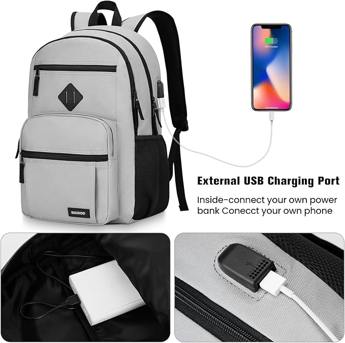 BIKROD Backpack for Men and Women, Lightweight Casual School Backpack for Teens Boys and Girls, Daily-use Travel Laptop Backpack with USB Charging Port Fits 15.6 Inch Notebook, High School Bookbag