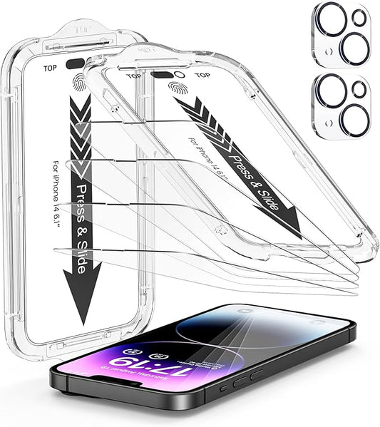 EZ-GLAZ- 4 Pack for iPhone 14 Screen Protector [6.1"] With 2 Pack Camera Lens Protector, 9H+ Hardness 12FT Military Grade Shatterproof Scratch Resistant Durable Tempered Glass Film with Flawless Fit Kit, HD Clear