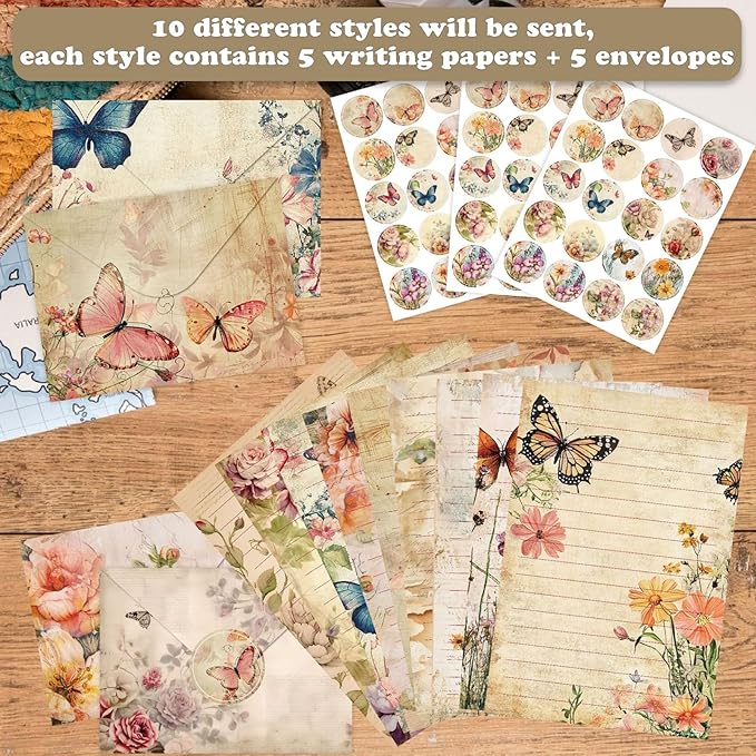 160 Pcs Stationery Paper Envelopes Set Includes 50 Lined Writing Paper & 50 Envelopes with 60 Colorful Round Dot Stickers, Cute Vintage Floral Letter Writing and Stationery Paper Envelopes(10Style)