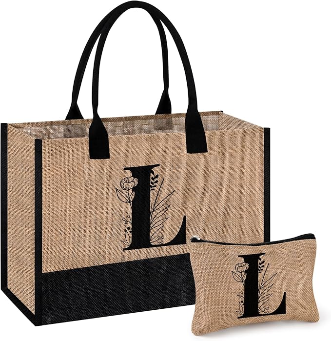 AYGE Personalized Initial Jute Tote Bag & Makeup Bag, Beach Bag, Monogrammed Birthday Gifts for Women Sister Mom Bridesmaid
