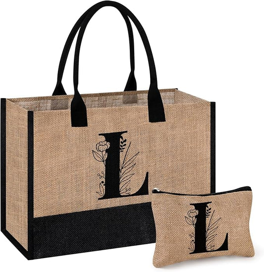 AYGE Personalized Initial Jute Tote Bag & Makeup Bag, Beach Bag, Monogrammed Birthday Gifts for Women Sister Mom Bridesmaid