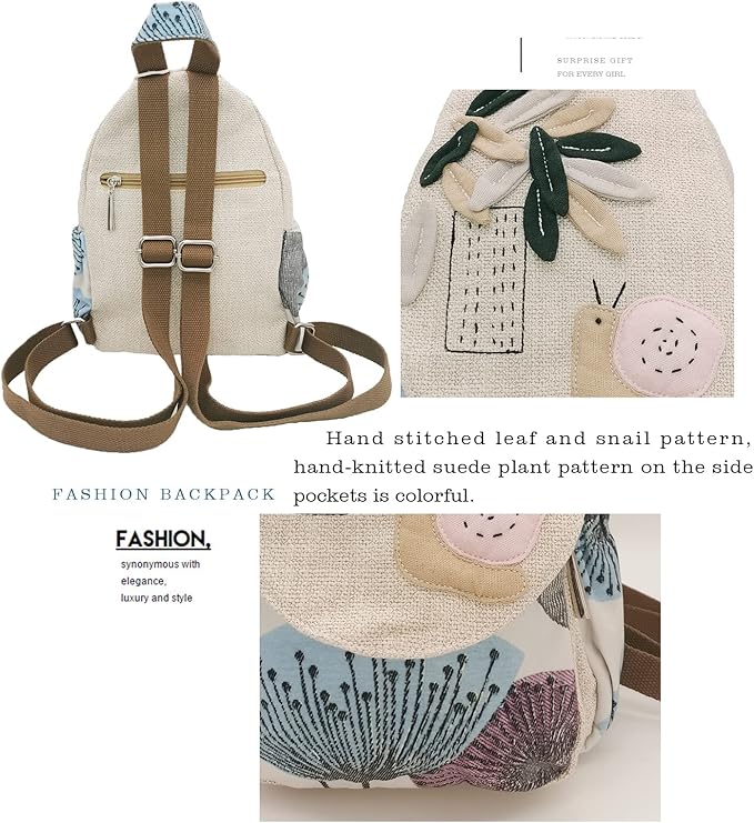 HUANGGUOSHU Women Cotton Woven Hippie Hemp Boho Canvas Embroidery Multi Pocket Retro Cute Backpack Wallet Backpack（Snails）