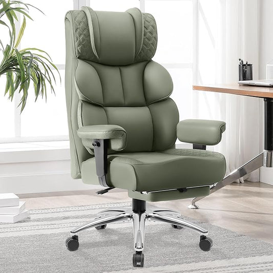 Office Desk Chair, Big and Tall Leather Gaming Chair with Footrest, Wide Ergonomic Comfy Executive High-Back Reclining Computer Chairs, Swivel Rolling Wheels and Padded Lumbar Support, Green