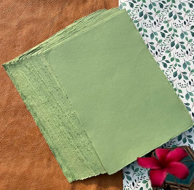 Wanderings Handmade Green Deckle Edge Blank Paper - 4x6 - Pack of 50 - Watercolour/Mixed Media Paper - Save The Date Invitations Greeting Cards Notes DIY Arts Crafts - Thick 150 GSM