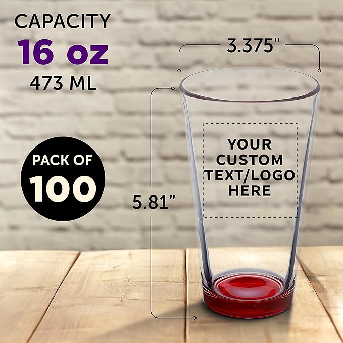 Custom Libbey Pint Glass 16 oz. Set of 100, Personalized Bulk Pack - Beer Glasses, Heavy Duty Drinkware - Red