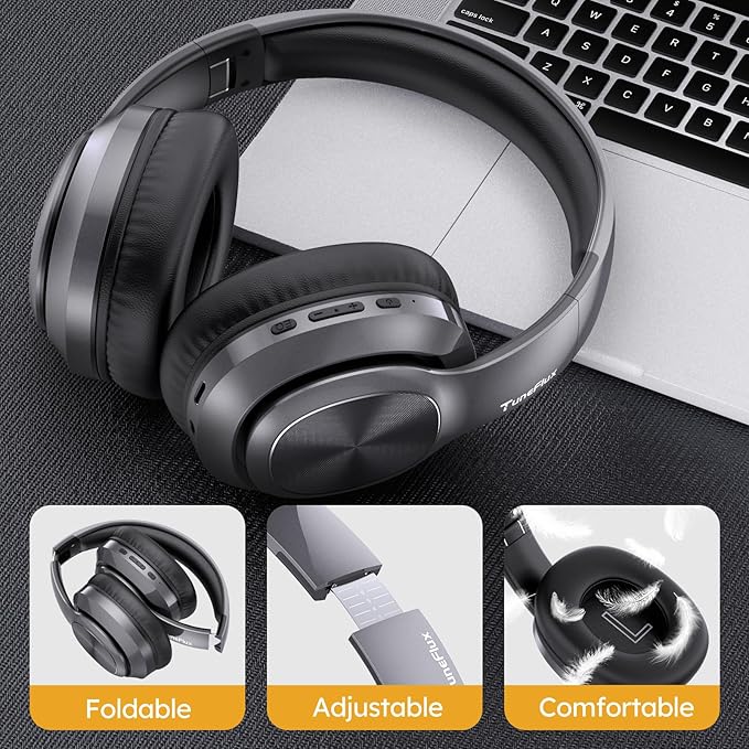 TuneFlux Wireless Bluetooth Headphones Over Ear, 80H Playtime, 3EQ Sound Modes, HiFi Stereo Headphones with Deep Bass, Foldable Bluetooth 5.3 Headsets for Smartphone/PC/Computer-Metallic