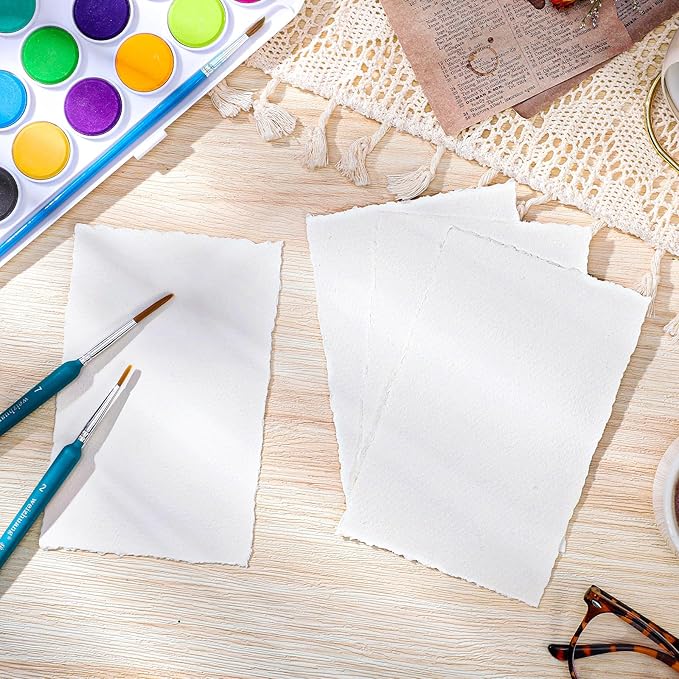 50 Sheets Deckled Edge Paper 4 x 6inch, 160 GSM Handmade Paper Rough/Textured Watercolor Paper for Wedding Invitations, Cards, Crafts