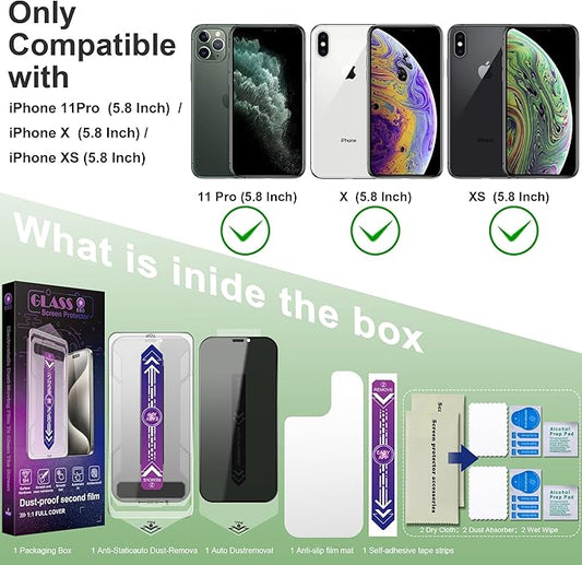 2 Pack Privacy Screen Protector for iPhone 11 Pro and iPhone Xs and iPhone X 5.8-Inch Auto Dust Removal, No Bubbles,Anti-Spy Tempered Glass Film, Easy Installation