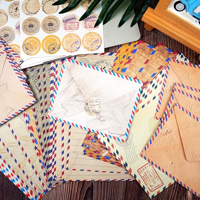 160 Pcs Stationery Paper Envelopes Set Includes 50 Lined Writing Paper & 50 Envelopes with 60 Colorful Round Dot Stickers, Cute Vintage Travel Letter Writing Stationery Paper Envelopes(10Style)