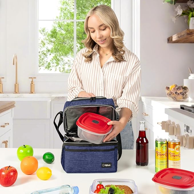 OPUX Lunch Box For Men Women, Insulated Large Lunch Bag Adult Work, Double Decker Lunchbox Meal Prep Dual Compartment Leakproof Lunch Cooler, Soft Lunch Pail Tote Boys Girls Kids School, Navy Blue 12L