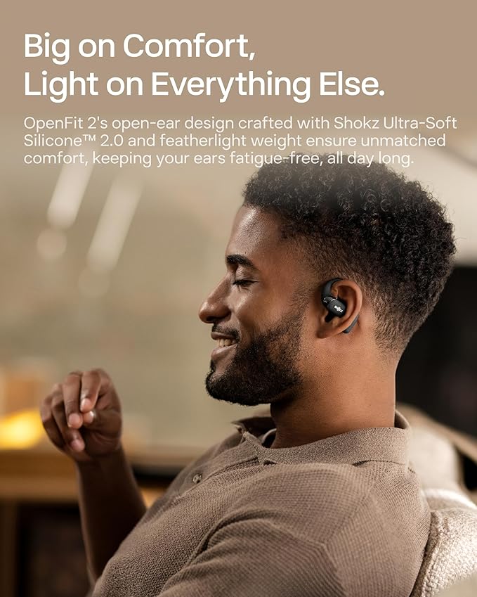 SHOKZ New OpenFit 2 Open-Ear Headphones, True Wireless Bluetooth Earphones with Microphone, Earhook Earbuds with 48 Hours of Playtime, Fast Charging, IP55 Water-Resistant, with Carrying Bag, Black
