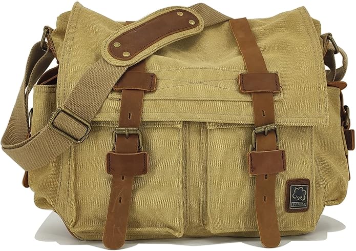 Sechunk Vintage Military Leather Canvas Laptop Bag Messenger Bags Medium