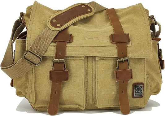Sechunk Vintage Military Leather Canvas Laptop Bag Messenger Bags Medium
