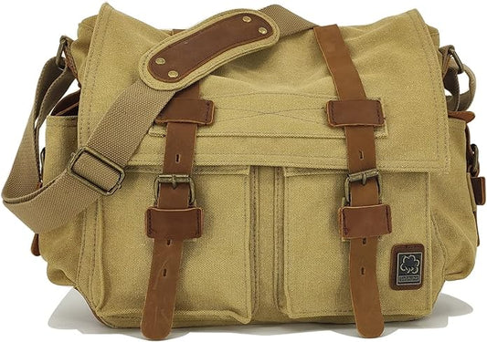 Sechunk Vintage Military Leather Canvas Laptop Bag Messenger Bags Medium