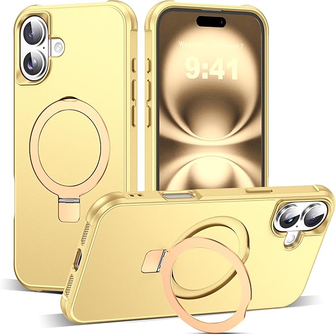 Compatible with iPhone 16 Case with Invisible Magnetic O-Ring Stand Military-Grade Case for iPhone 16 6.1" [Compatible with Mag-Safe][Great Grip Feeling], Gold