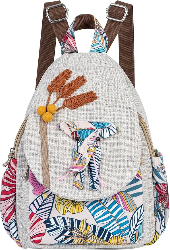 HUANGGUOSHU Women Cotton Woven Bohemian Hemp Boho Canvas Embroidery Multi Pocket Retro Cute Backpack Wallet Backpack Nature Animal Motif