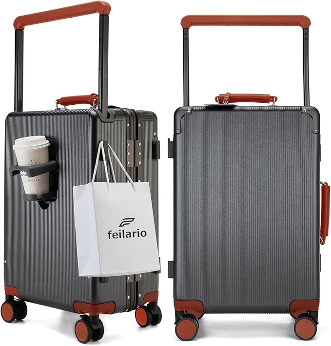 feilario 20'' Aluminum Frame Wide Handle PC Hardside Carry On Luggage - Double Spinner Wheels Luxury Rolling Travel Suitcase with TSA Lock & Cup Holder
