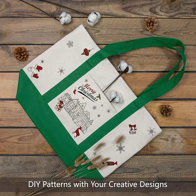 TOPDesign 6-Pack Canvas Tote Bags with an External Pocket, Reusable Grocery Shopping Bags, Top Zipper Closure, Daily Essentials (Green/Natural)