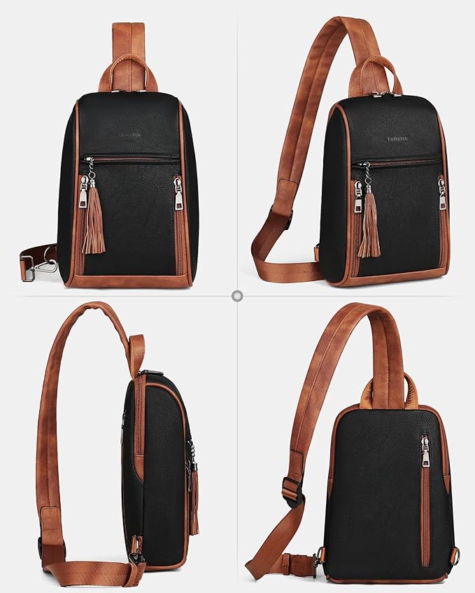FADEON Sling Bag for Women, Crossbody Purse with Tassels, Designer Leather Shoulder Chest Bags for Travel