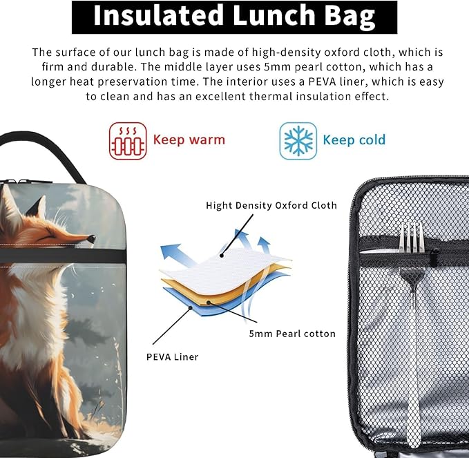 Fox Lunch Box Insulated Lunch Bag for kids Girls Boys Women,Reusable Lunch Box Containers for Women Men,Durable Cooler Tote Bag Lunchbox for Office/School/Picnic