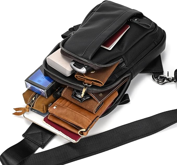 Genuine Leather Sling Bag Multi-pocket Chest Bag for Men Hiking Travel Daypack