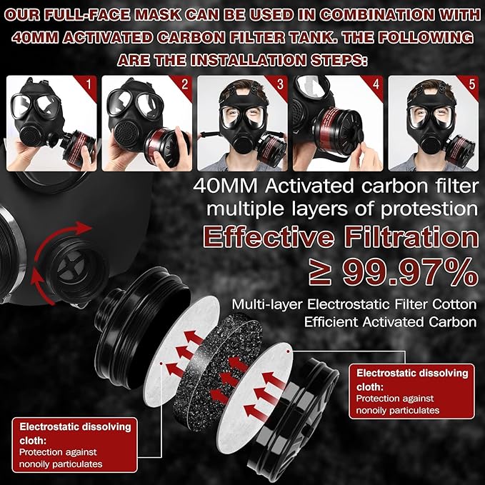 Gas Masks Survival Nuclear and Chemical - Reusable Full Face Respirator Gas Mask with Activated Carbon Filter
