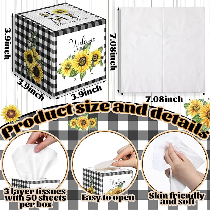 12 Pack Summer Sunflower Facial Tissues Cube Boxes 600 Sheets 3 Ply Small Black and White Plaid Sunflower Face Tissues Bulk for Summer Car Bedroom Supplies