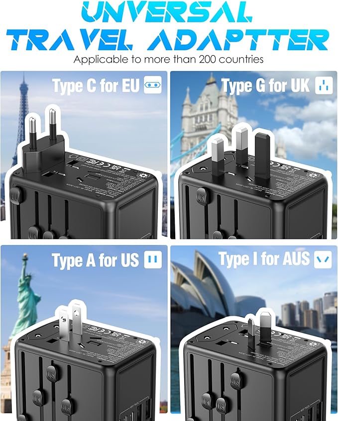Universal Travel Adapter, 6.0A 30W International Power Adapter, 5 USB C/A Ports + AC Outlets for All USB Devices, Type I C G A Plugs 110V 220V A/C, European Travel Plug Adapter for 200+ Countries