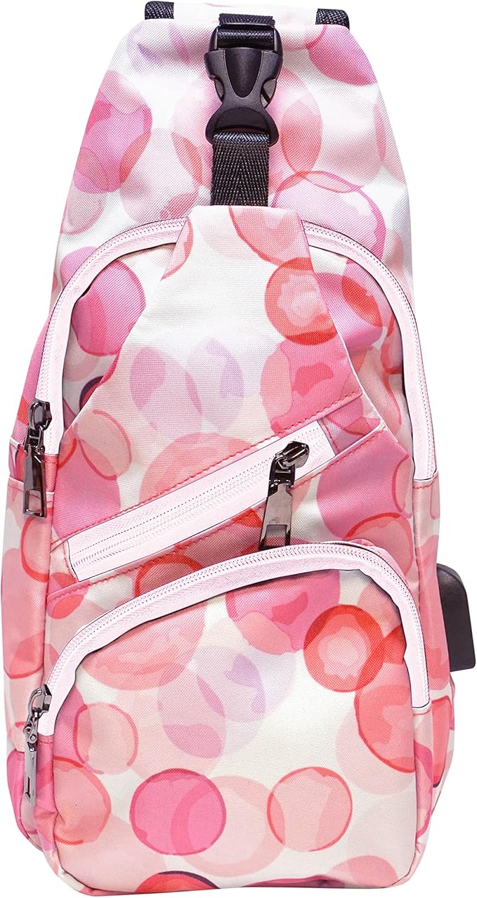 Anti-Theft Daypack Crossbody Sling Backpack, USB Charging Connector Port, Lightweight Day Pack for Travel, Hiking, Everyday, Regular, Pink Bubbles