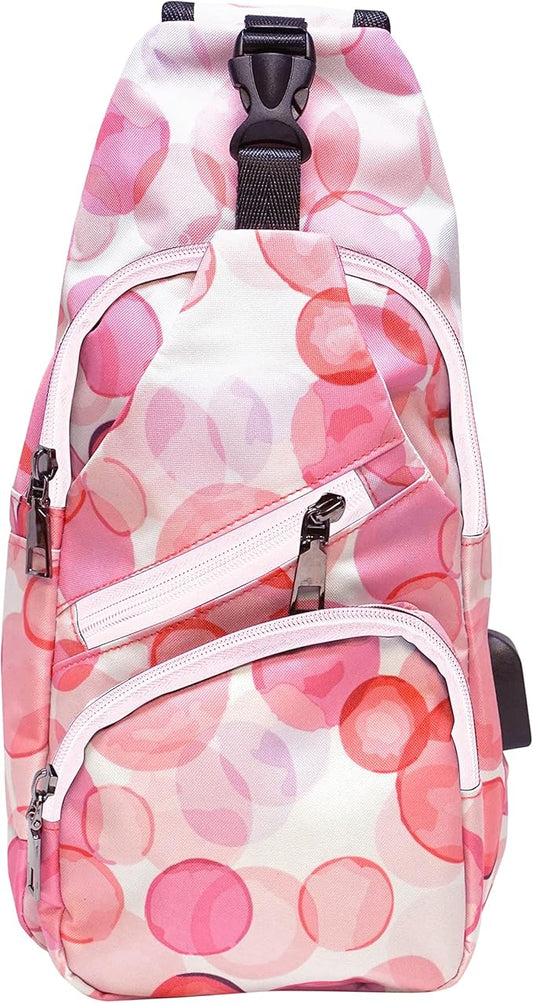 Anti-Theft Daypack Crossbody Sling Backpack, USB Charging Connector Port, Lightweight Day Pack for Travel, Hiking, Everyday, Regular, Pink Bubbles