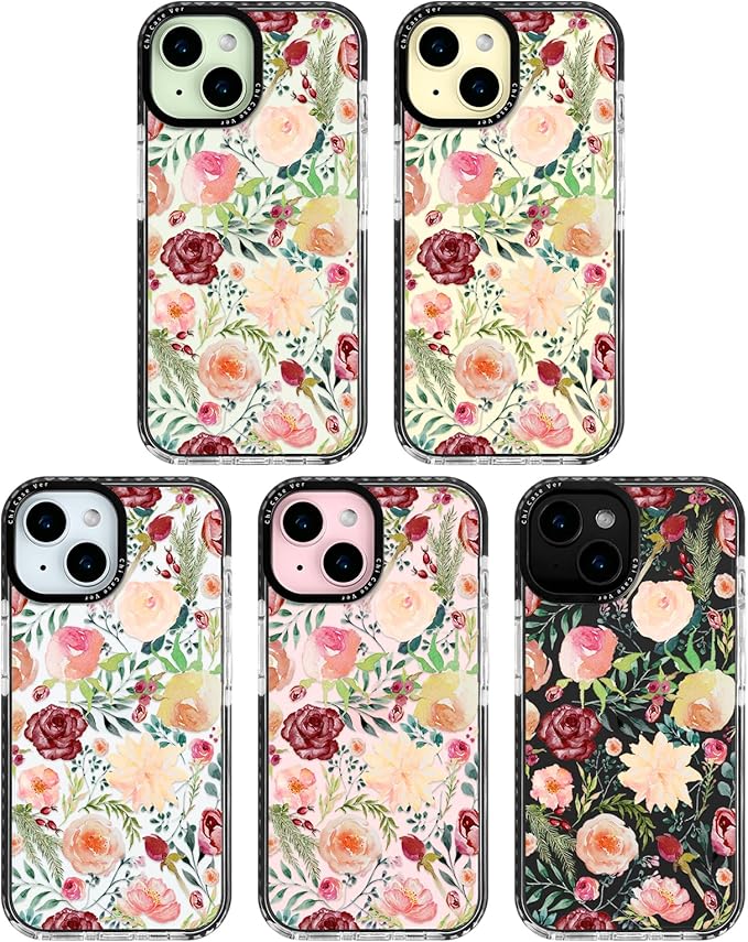 for iPhone 15 Case, Watercolor Rose Garden Pattern, Military-Grade Drop Protection, Cute Soft Slim TPU Protective Cover with Camera Lens Protection for Women & Girls
