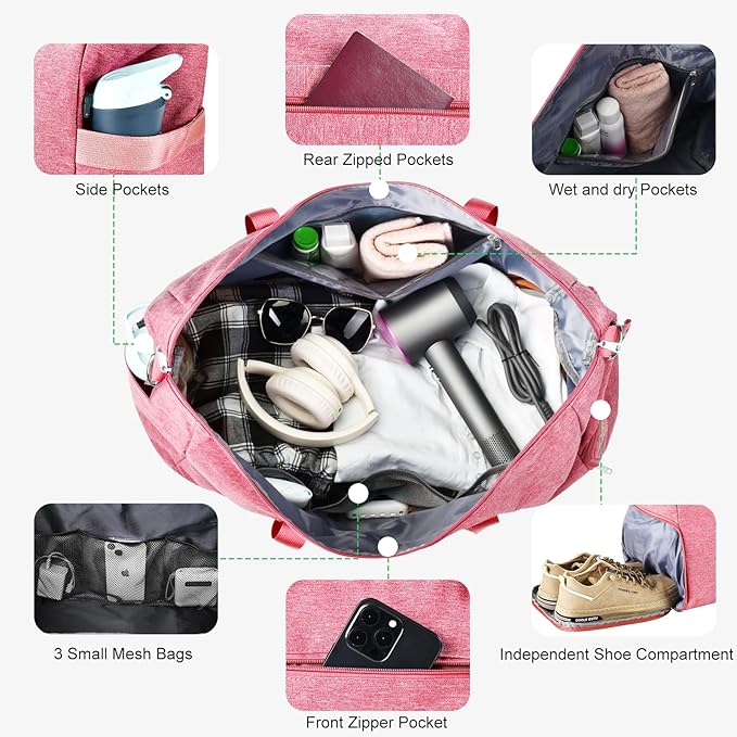 Carry on luaggage 22x14x9 Airlines Approved, Foldable Travel Duffel Bags Weekender Overnight Carry on Duffel Luggage Gym Duffle Bag with Wet Pocket & Shoe Compartment for Women Men(Pink, 40L)