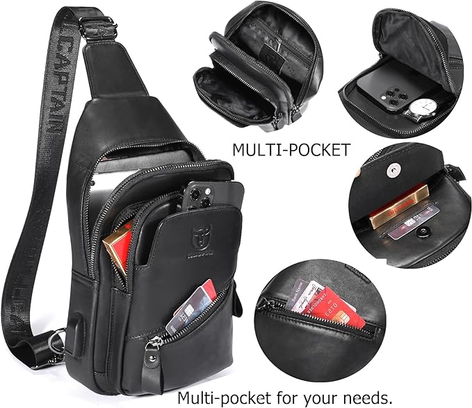 BULLCAPTAIN Leather Sling Chest Bag for Men Outdoor Hiking Travel Crossbody Bag Backpack with USB Charging Port (Black)