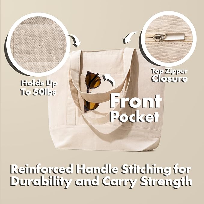 Carrywell |Not Made in China| Cotton Tote Bags, Reusable Grocery Shopping Bag with Zipper Closure and Front Pocket, Heavy Duty Organic Cloth w/Handles