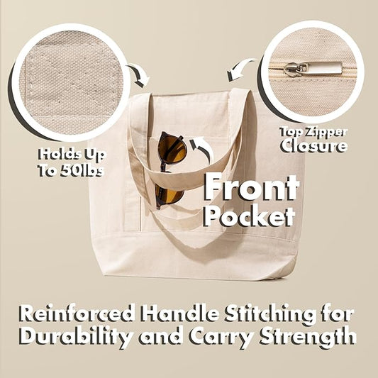 Carrywell |Not Made in China| Cotton Tote Bags, Reusable Grocery Shopping Bag with Zipper Closure and Front Pocket, Heavy Duty Organic Cloth w/Handles