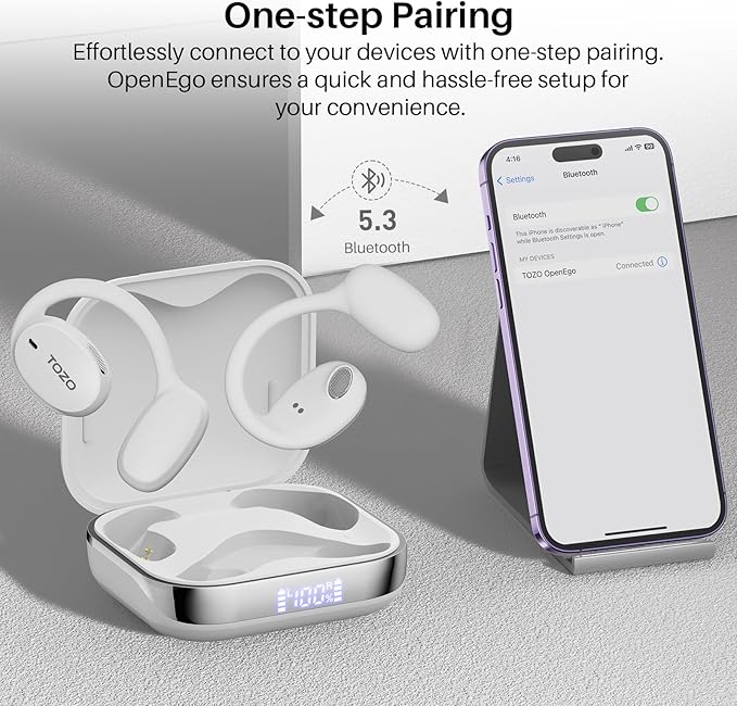 TOZO OpenEgo True Wireless Open Ear Headphone, 5.3 Bluetooth Sport Earbuds with Earhooks for 80H Playback with Digital Display, 32 EQ Modes Dual Mic Clear Call Sweat-Proof for Running Workout White